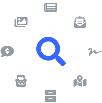 Illustration of magnifying glass with the icons for the various searchable databases.